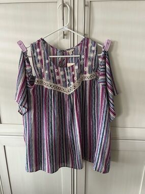 Eyeshadow Purple Multicolor Striped Cold-Shoulder Blouse with Crochet Detail